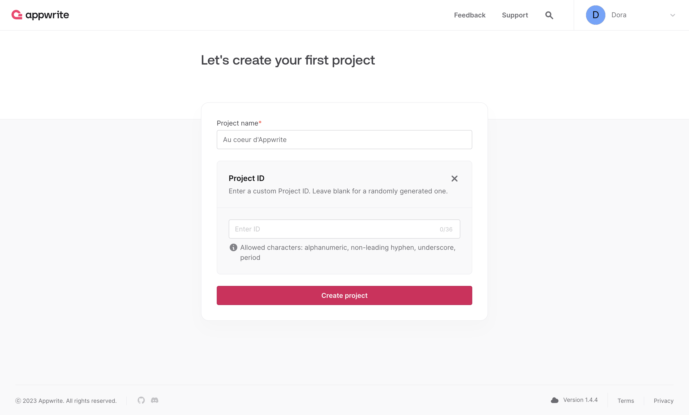 Create project screen