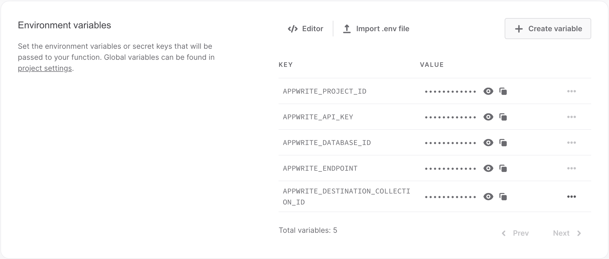 Setting environment variables in the Appwrite console