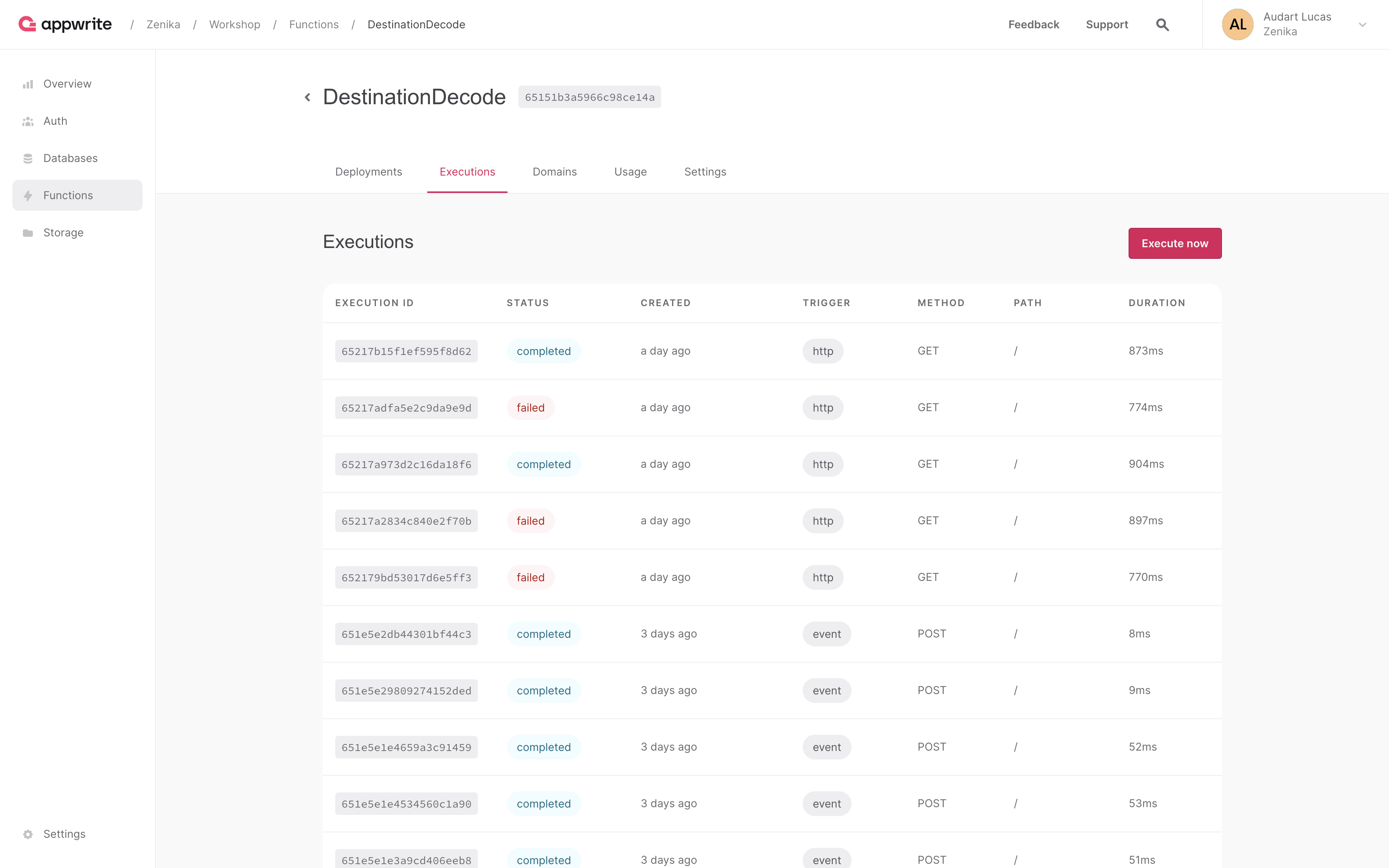 Onglet exécution du module de fonction sur la console Appwrite